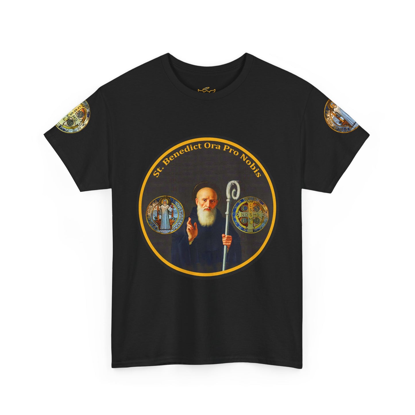 Saint Benedict Medal Unisex T-shirt, Black t-shirt with a graphic of a religious figure and text on a white background