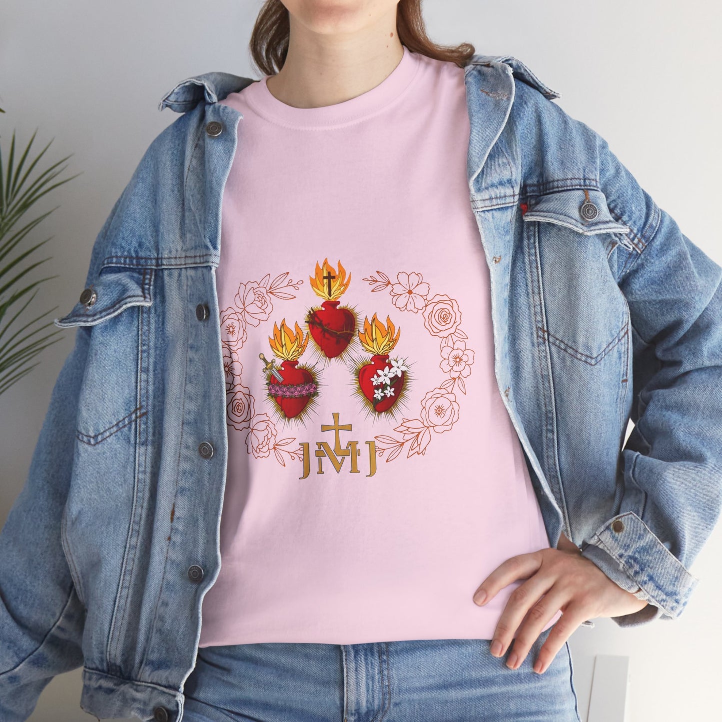 Sacred Hearts Tee — Three Flaming Hearts with JMJ Cross (CT)