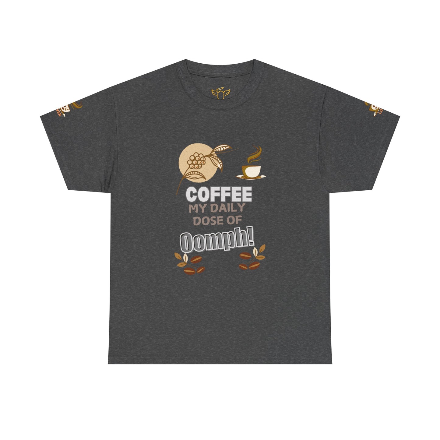 Coffee Lover's Heavy Cotton Unisex T-shirt, Gray t-shirt with coffee-themed graphic and text on a white background