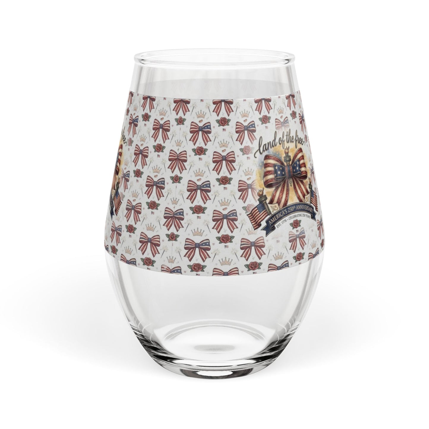 Patriotic Ribbon "Land of the Free" Stemless Wine Glass – USA 250th ANNIVERSARY Stemless Wine Glass 11.75oz - Trending Novelties & Gifts
