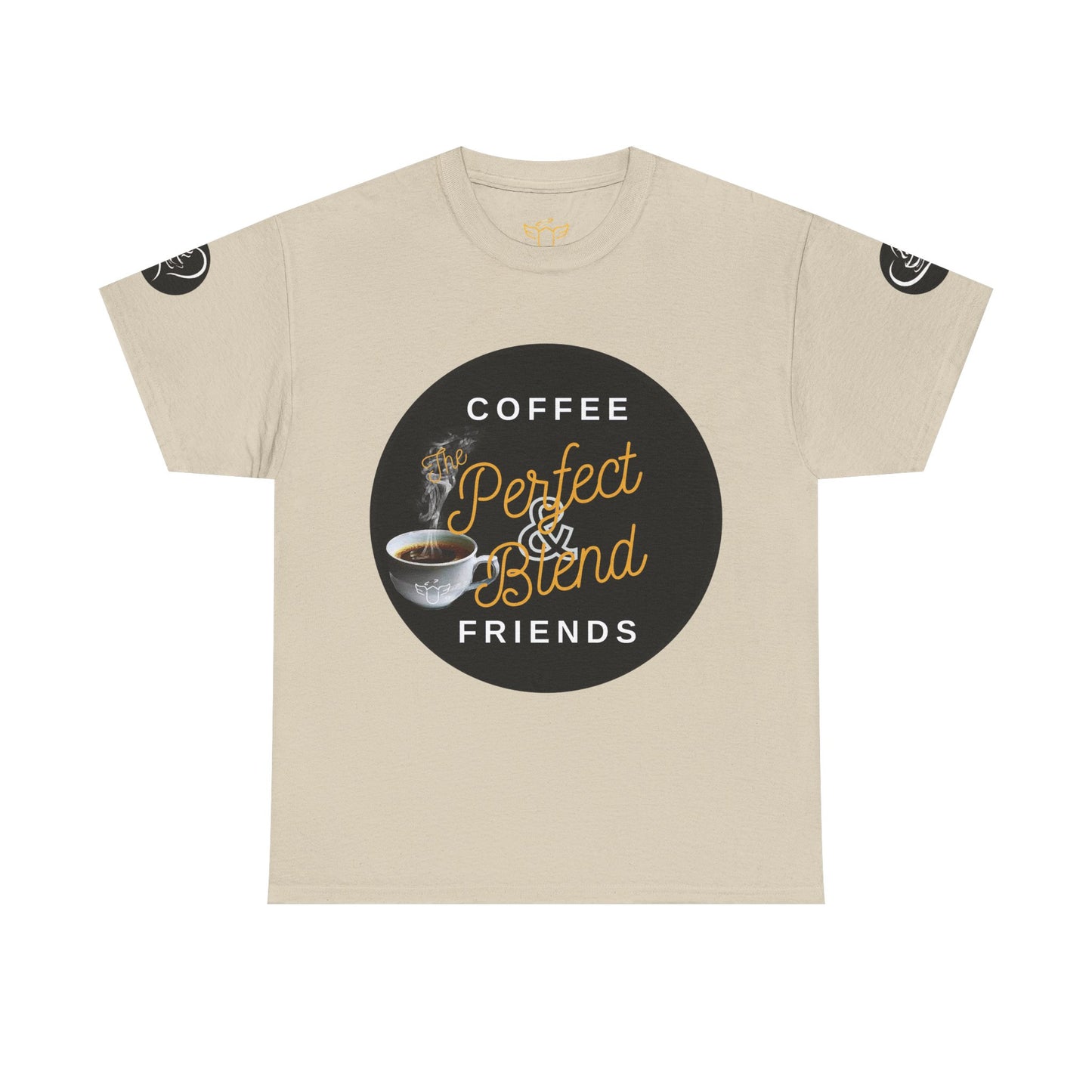 Coffee Lovers Cotton T-shirt, Beige t-shirt with a coffee-themed graphic and text on a white background