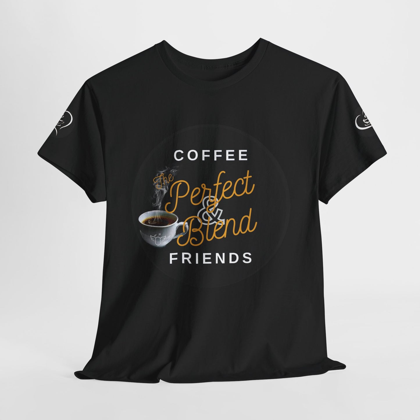 Coffee Lovers Cotton T-shirt, Black t-shirt with coffee-themed design on a light gray background