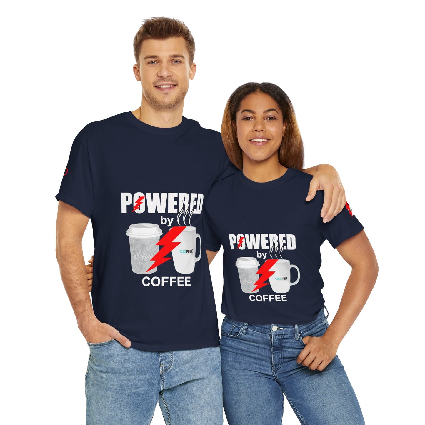 Coffee Lovers Cotton T-shirt - Powered by Coffee. Two people wearing navy blue t-shirts with 'Powered by Coffee' design on a white background