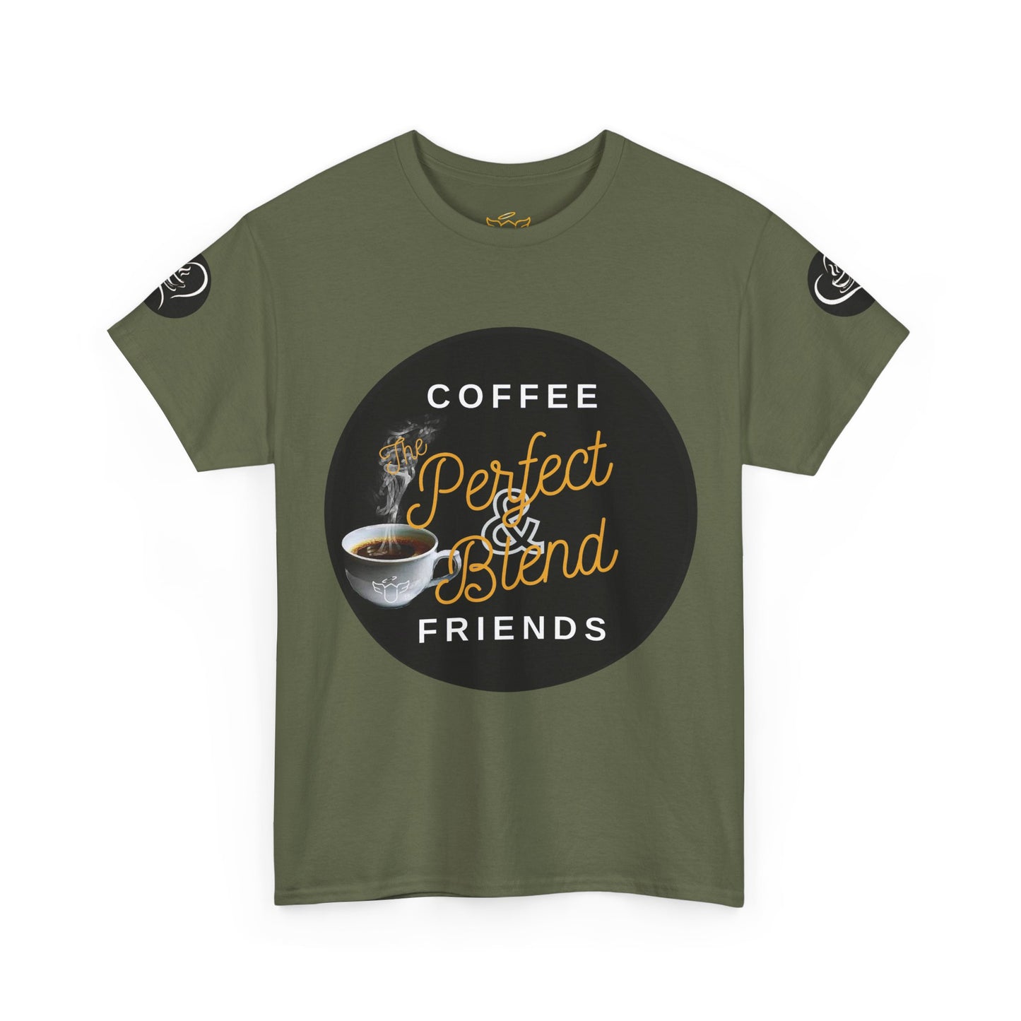 Coffee Lovers Cotton T-shirt, Green t-shirt with coffee-themed graphic and text on a white background