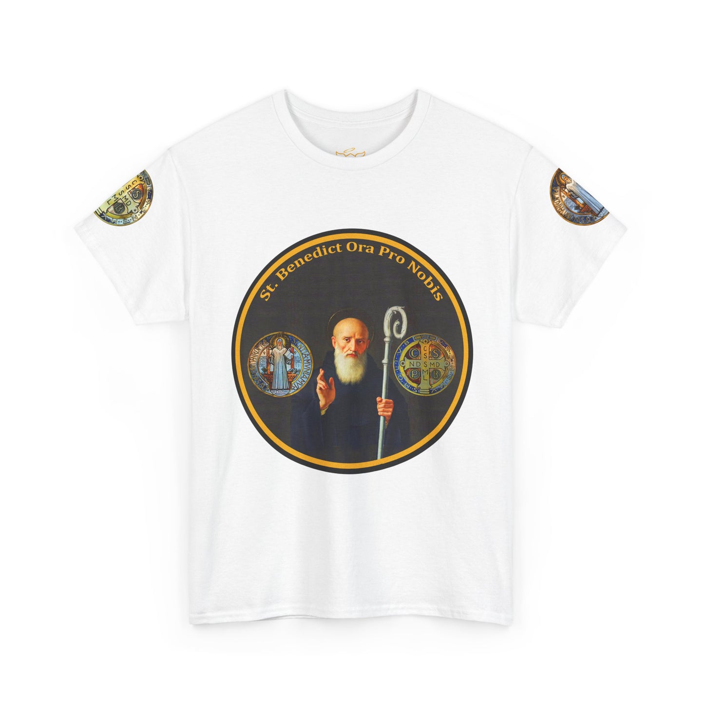 Saint Benedict Medal Unisex T-shirt, White t-shirt with a graphic of a religious figure and text on a white background