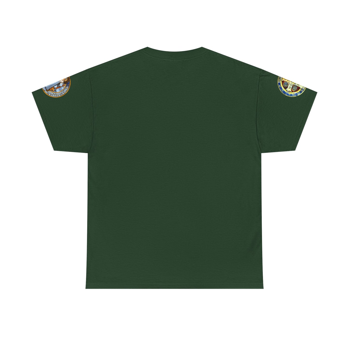 Saint Benedict Medal Unisex T-shirt, Green t-shirt with embroidered designs on sleeves against a white background