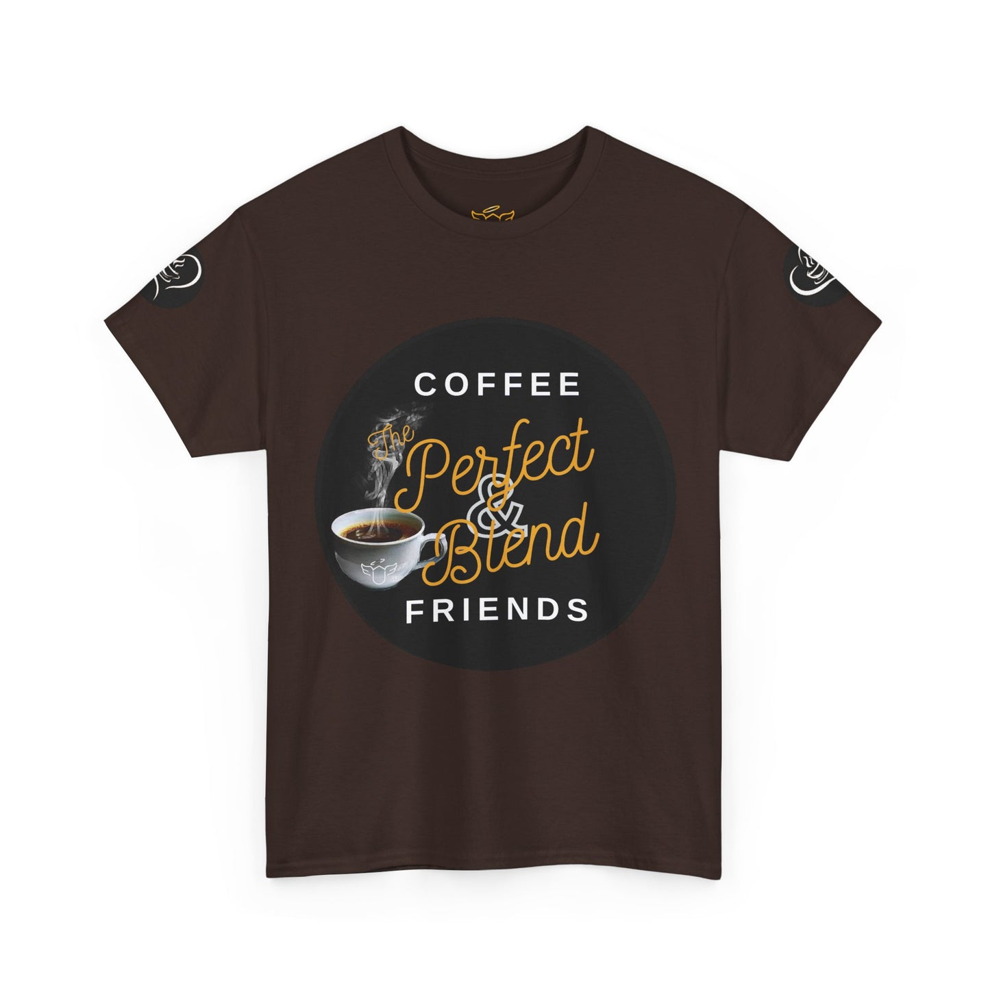 Coffee Lovers Cotton T-shirt, Brown t-shirt with coffee-themed graphic and text on a white background