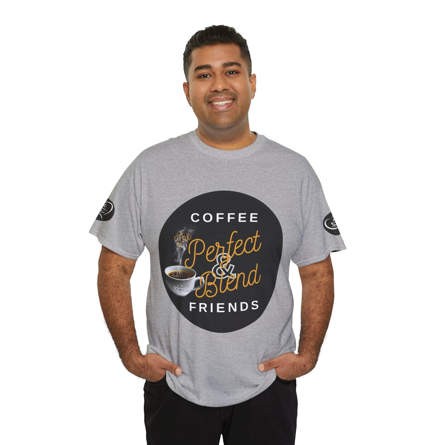 Coffee Lovers Cotton T-shirt, Man wearing a gray t-shirt with a coffee-themed design on a white background