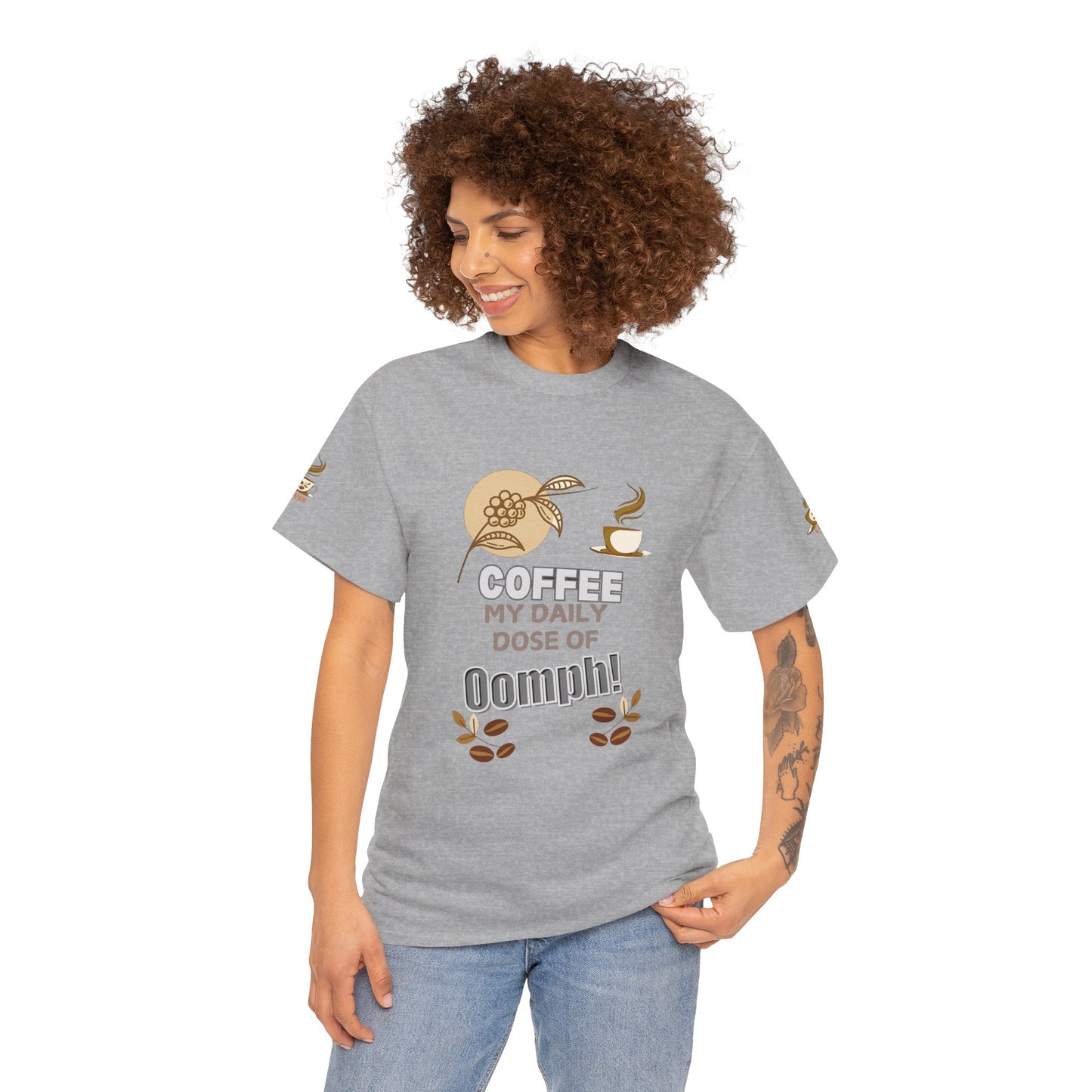 Coffee Lover's Heavy Cotton Unisex T-shirt, Woman wearing a gray t-shirt with coffee-themed design and text.