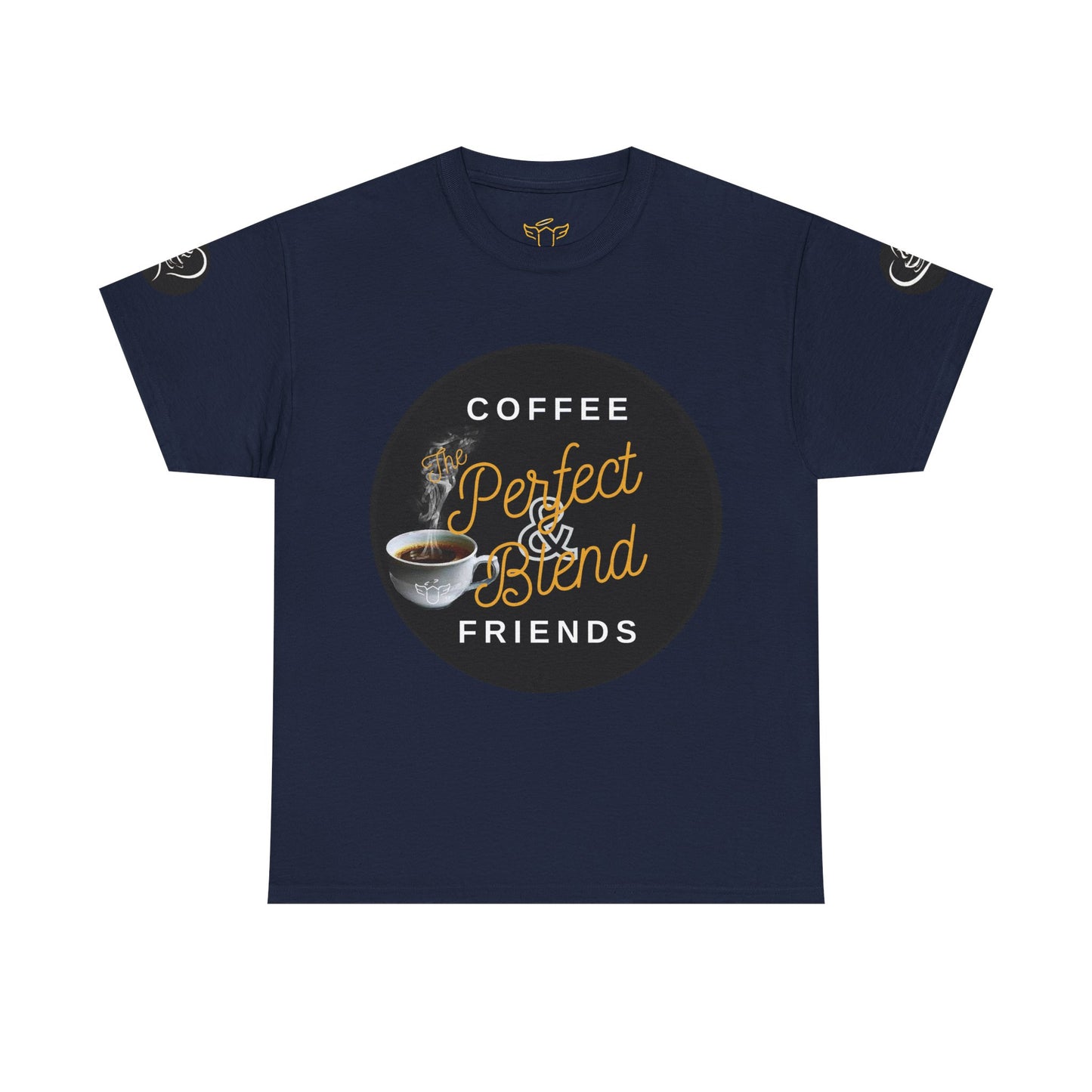 Coffee Lovers Cotton T-shirt, Navy blue t-shirt with coffee-themed graphic and text on a white background