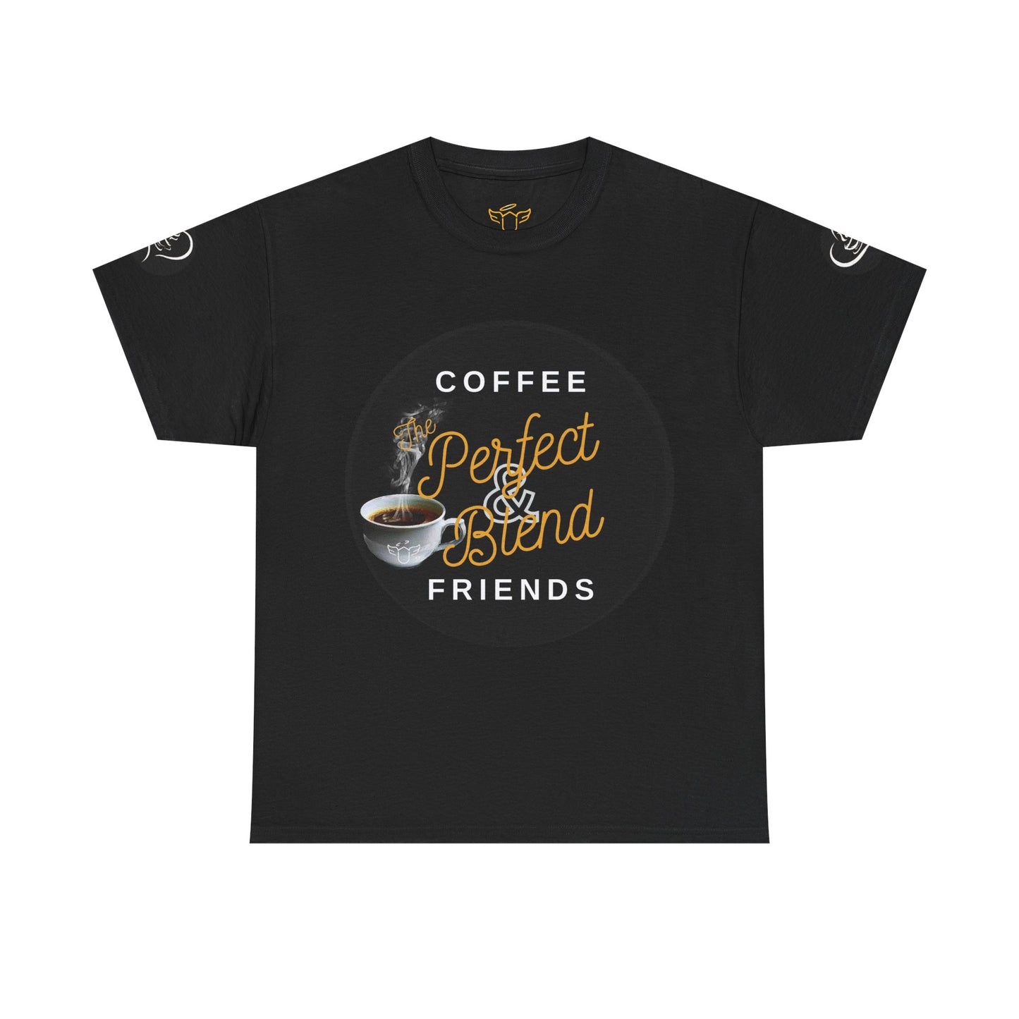 Coffee Lovers Cotton T-shirt, Black t-shirt with coffee-themed graphic and text on a white background