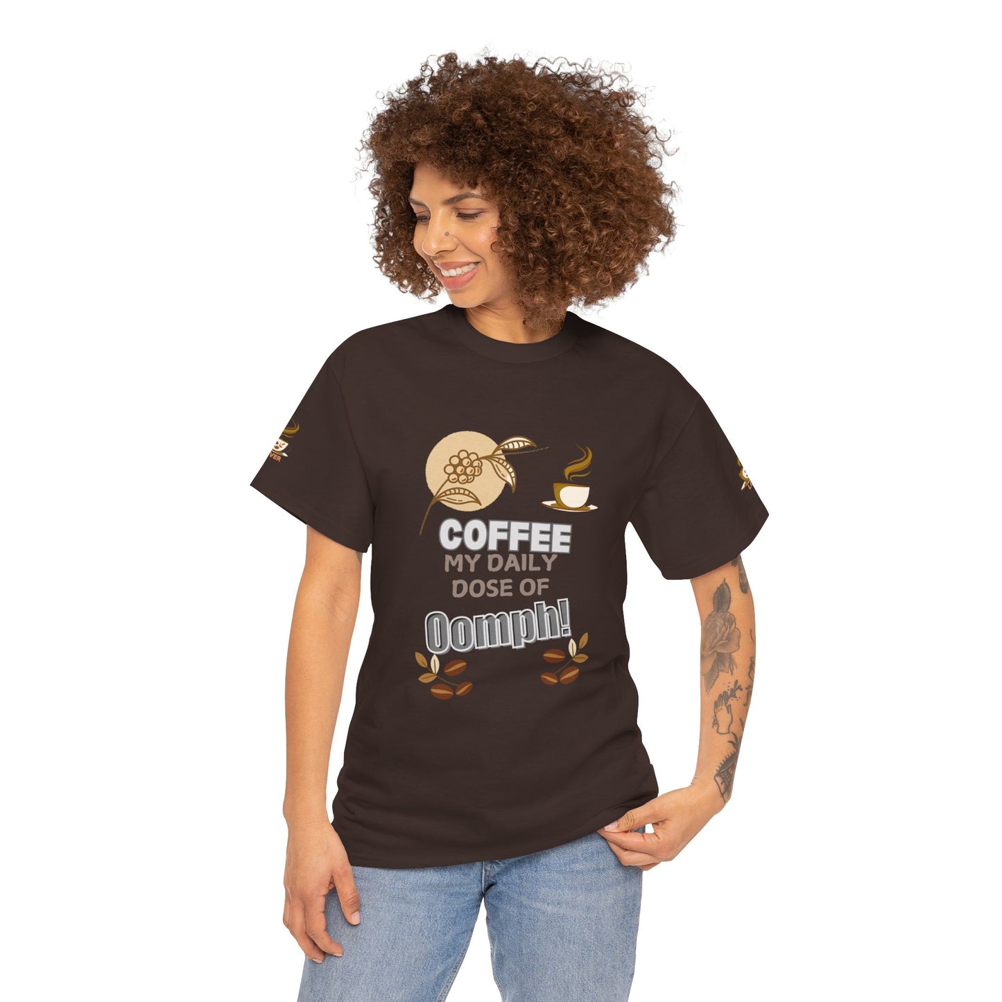 Coffee Lover's Heavy Cotton Unisex T-shirt, Woman wearing a brown t-shirt with coffee-themed design and text.