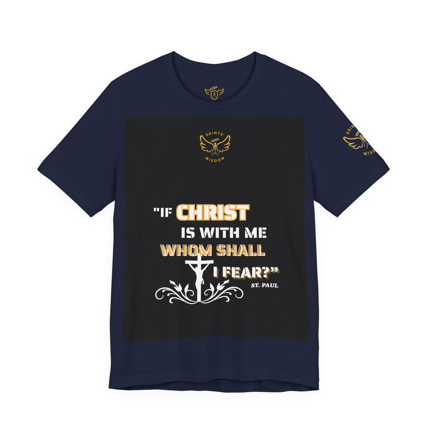 Saint Paul's Quote Tee, Navy blue t-shirt with gold and white text and design on a white background