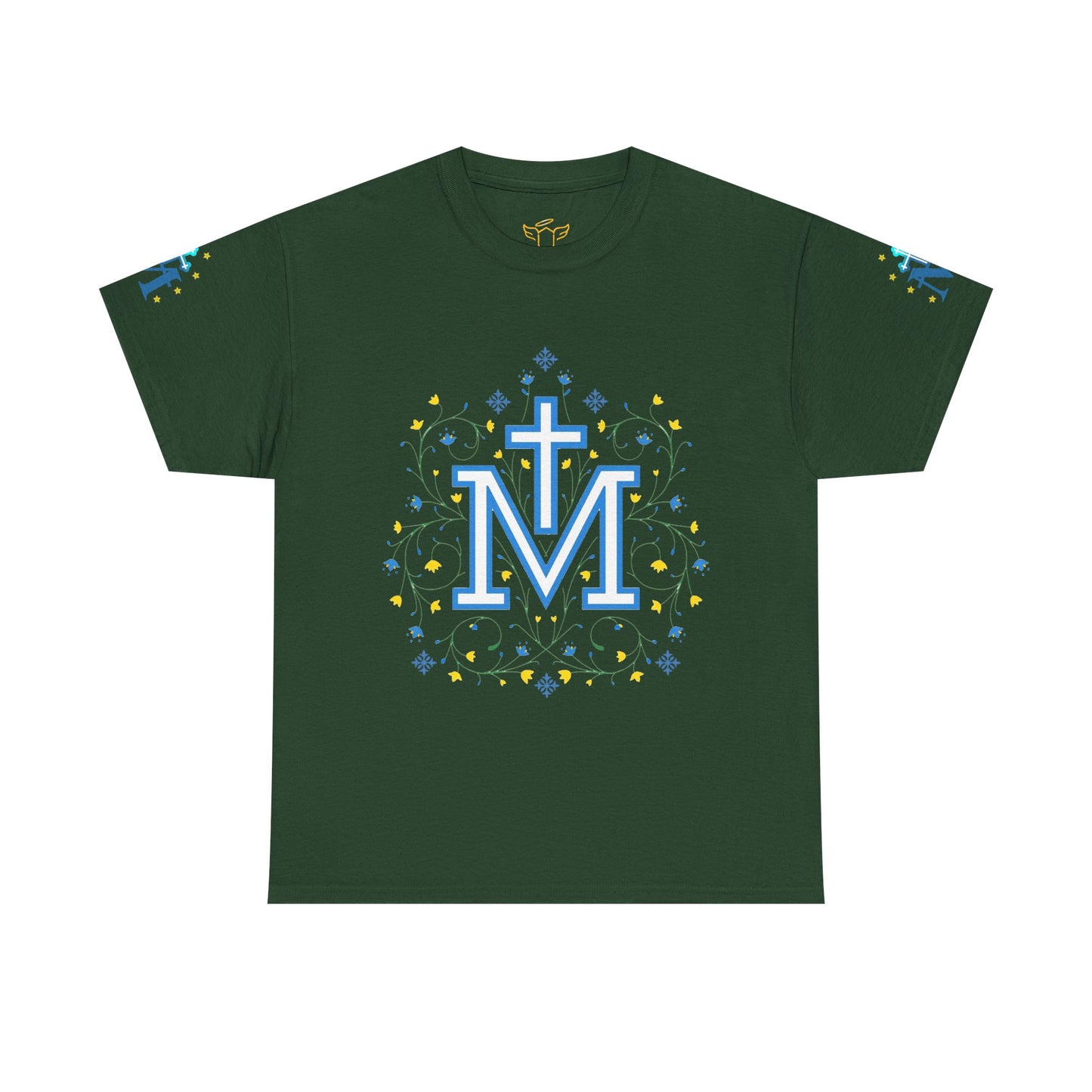 Marian Symbol T-shirt Unisex Heavy Cotton Tee, Green-shirt with decorative 'Marian' logo on a white background