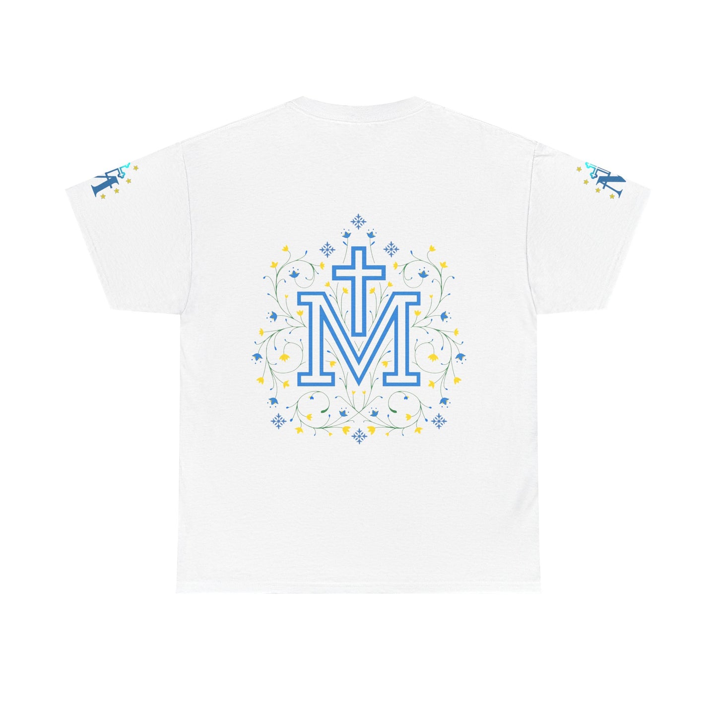 Marian Symbol T-shirt Unisex Heavy Cotton Tee, White t-shirt with blue letter 'Marian symbol' design on a white background