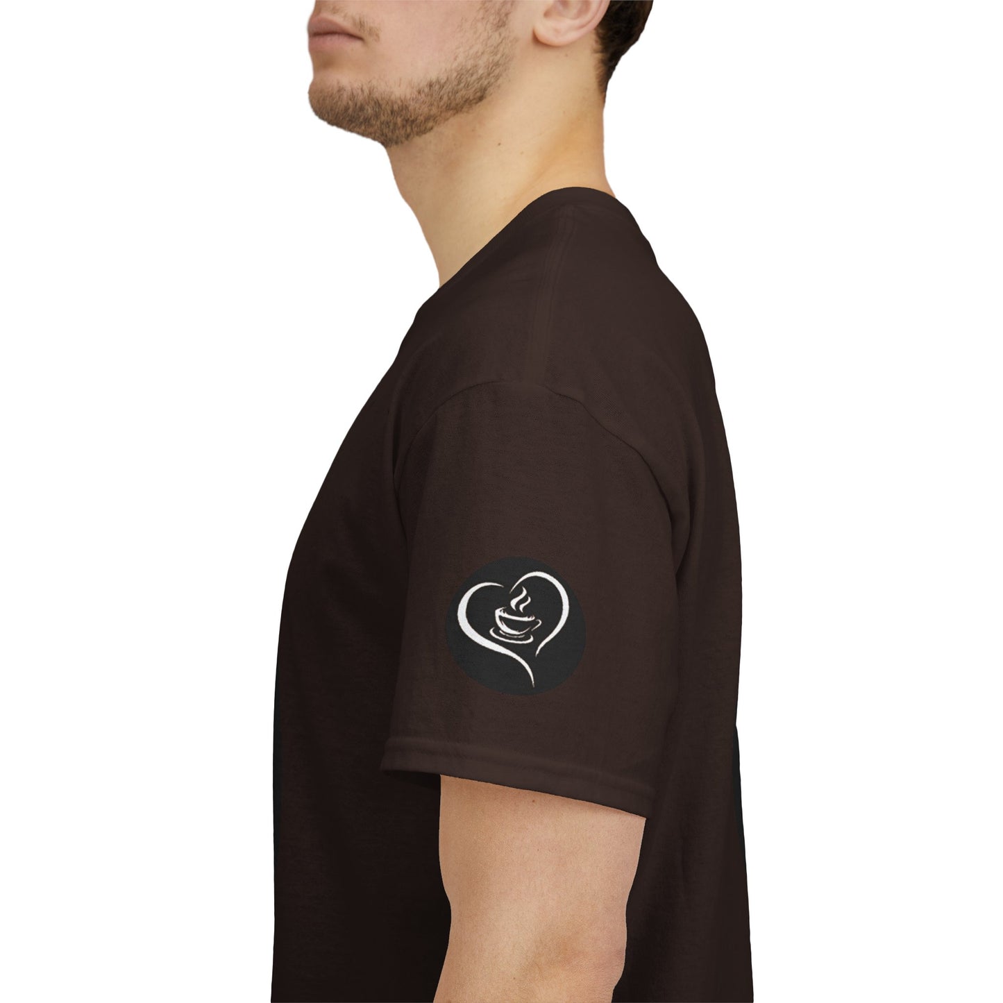 Person wearing a black t-shirt with a white heart-shaped logo on the sleeve against a white background
