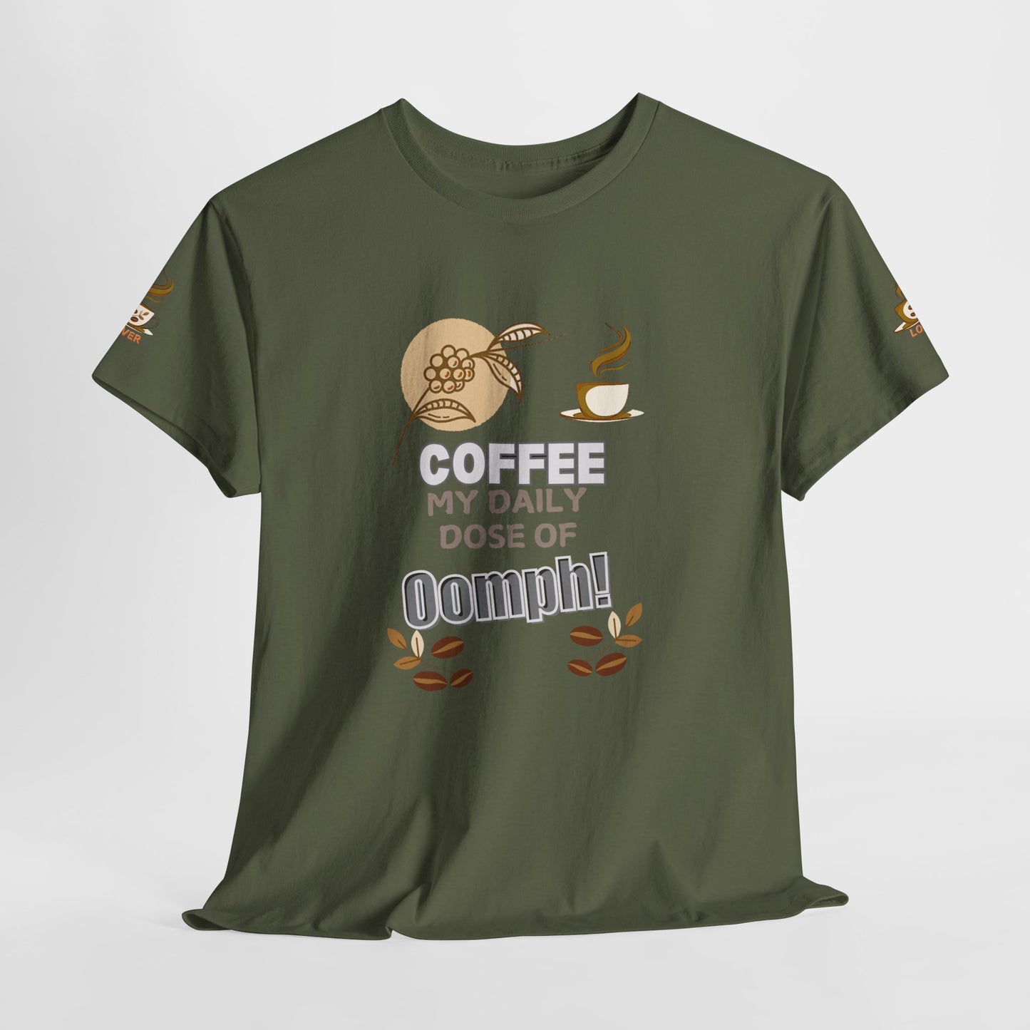 Coffee Lover's Heavy Cotton Unisex T-shirt, Green t-shirt with coffee-themed design and text on a white background