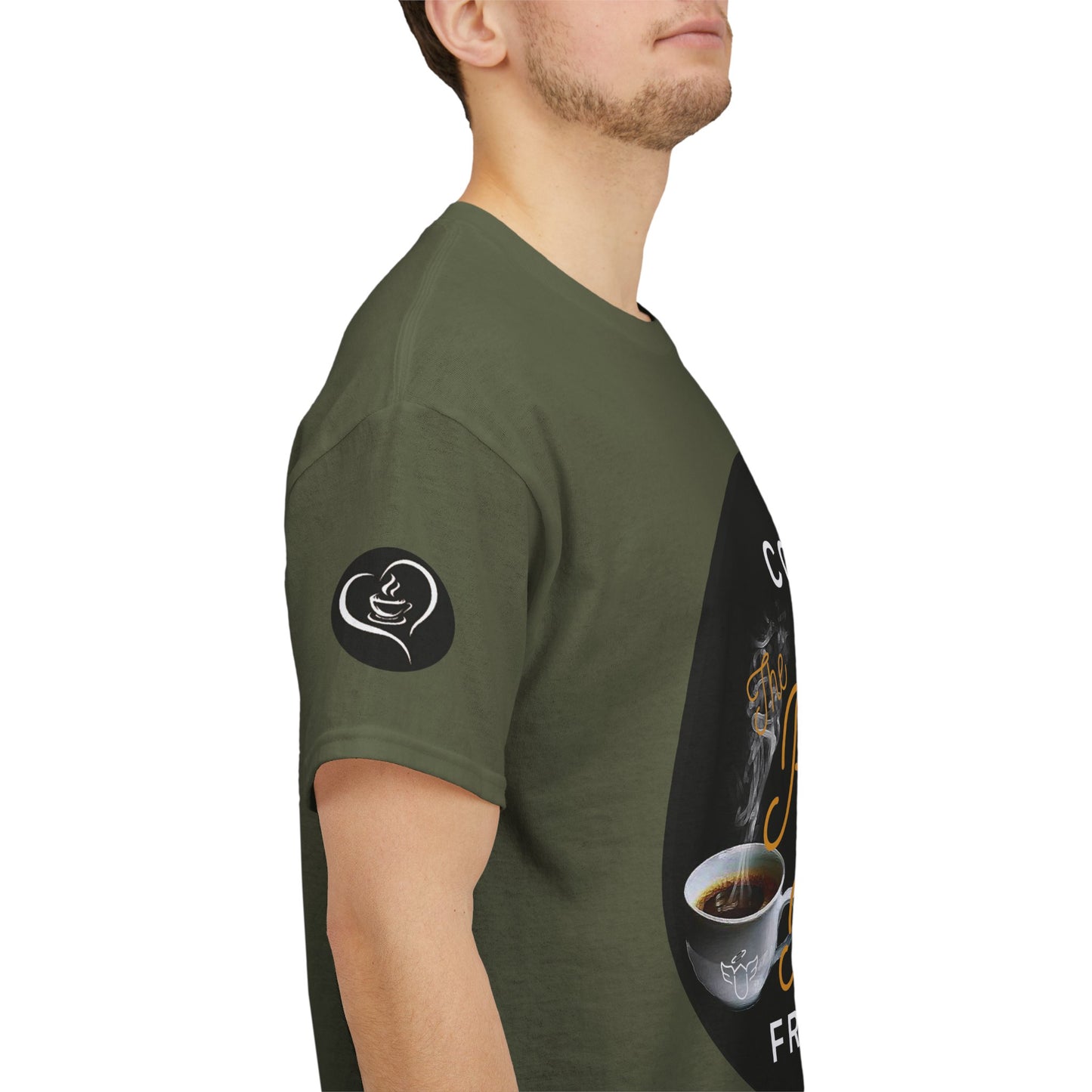 Person wearing a green t-shirt with a coffee-themed design on a white background