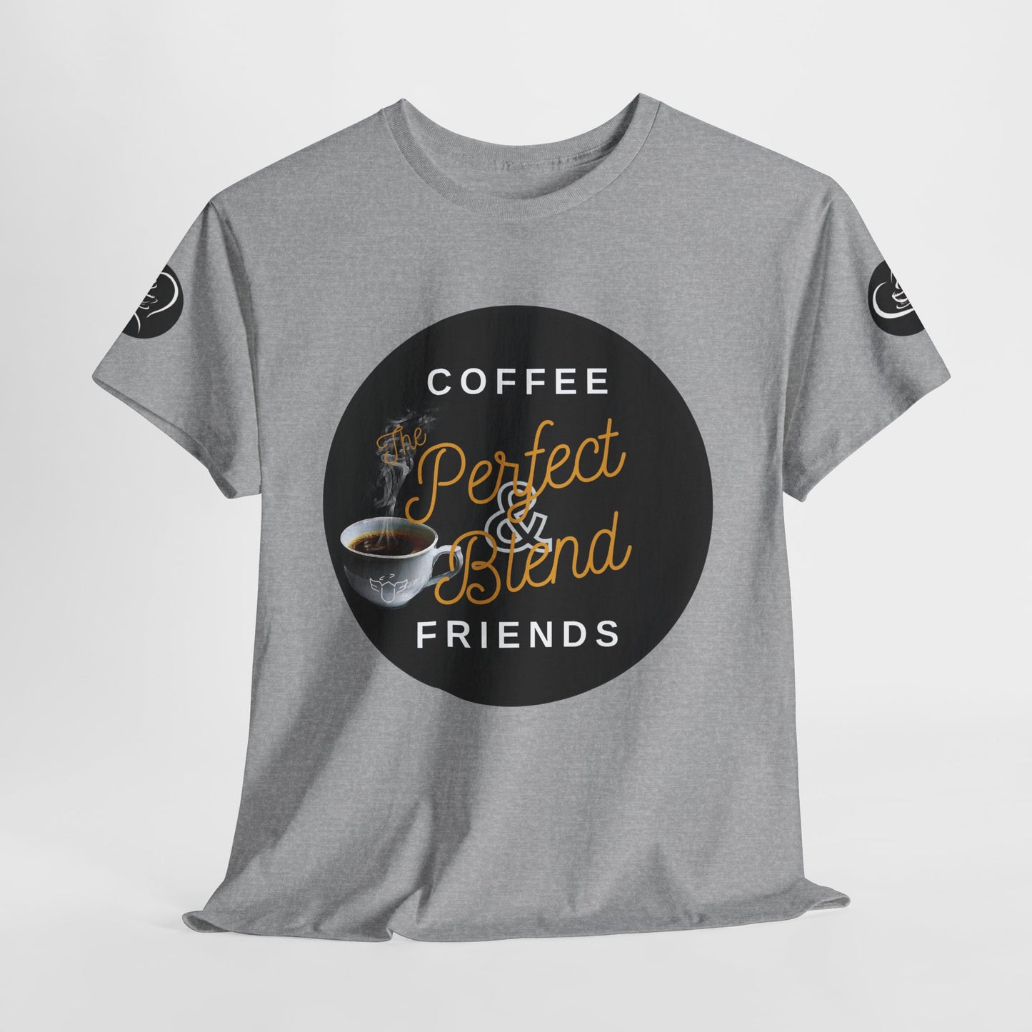 Coffee Lovers Cotton T-shirt, Gray t-shirt with a coffee-themed graphic and text on a white background