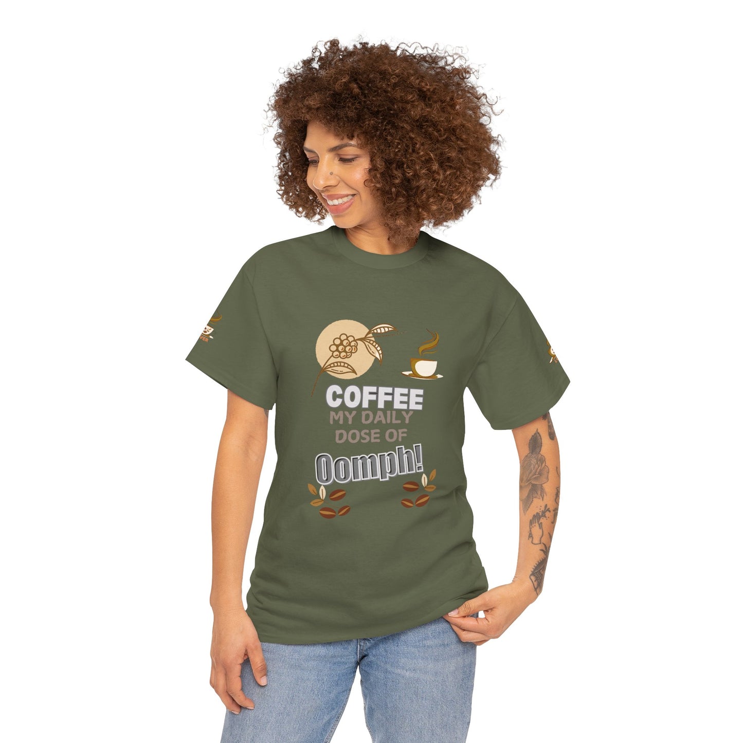 Coffee Lover's Heavy Cotton Unisex T-shirt, Woman wearing a green t-shirt with coffee-themed design on a white background
