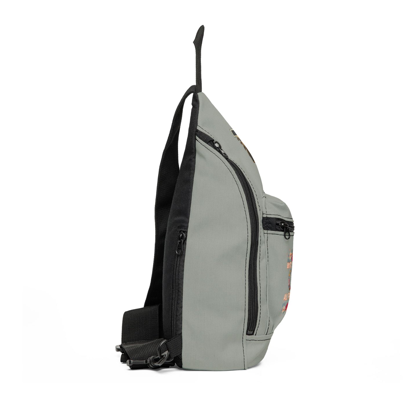 Gray sling bag with black straps on a white background