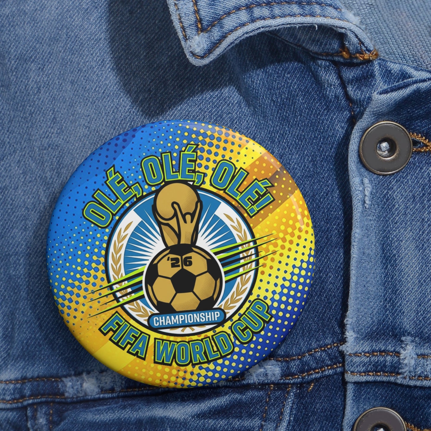 FIFA World Cup Soccer Pin Button , FIFA World Cup button badge on a denim jacket