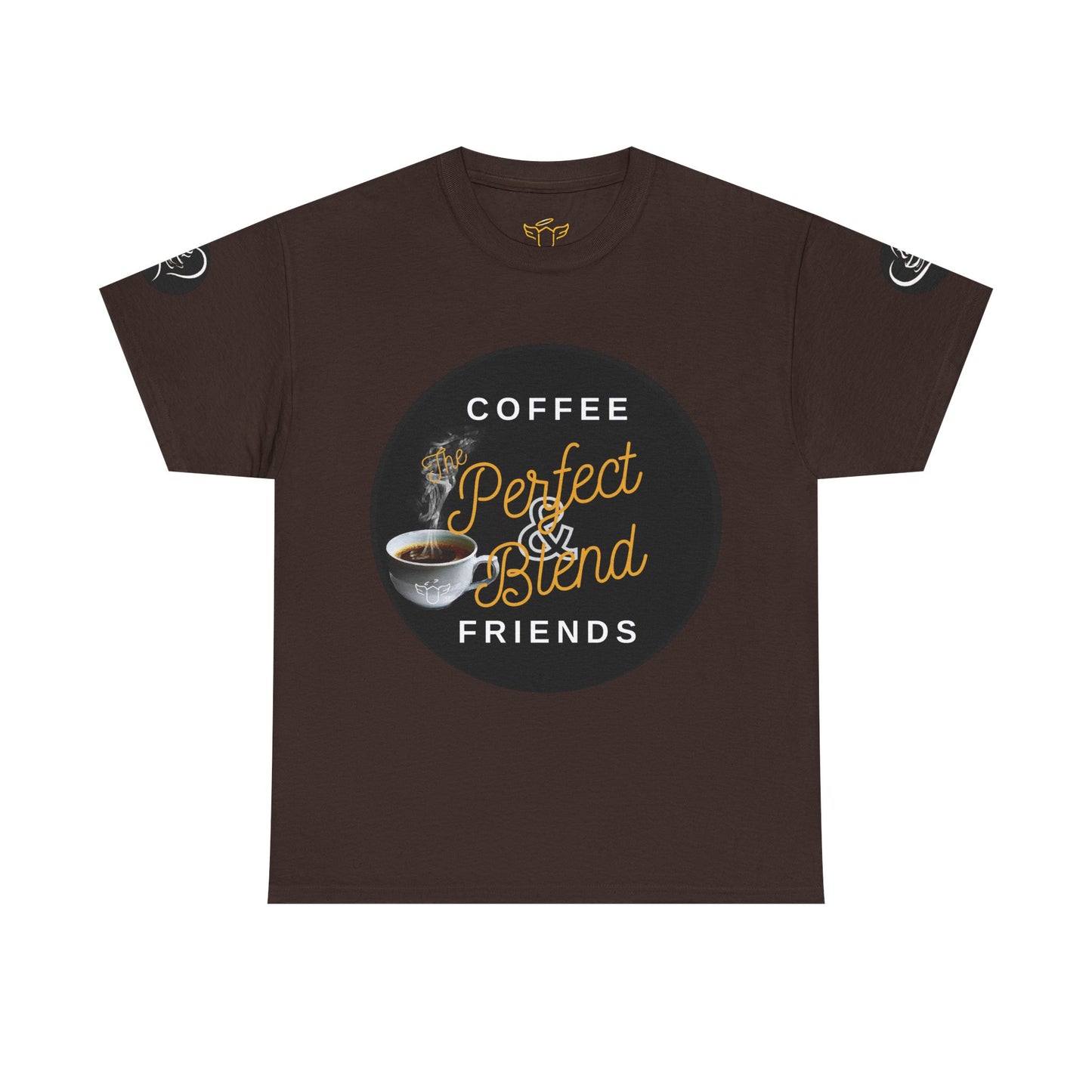 Coffee Lovers Cotton T-shirt, Brown t-shirt with coffee-themed graphic and text on a white background