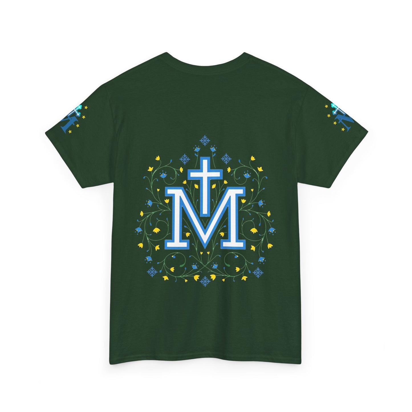 Green t-shirt with a decorative design featuring a cross and letter 'Marian symbol'