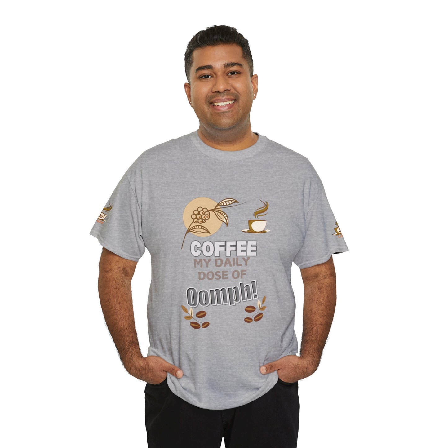 Coffee Lover's Heavy Cotton Unisex T-shirt, Man wearing a gray t-shirt with coffee-themed design on a white background