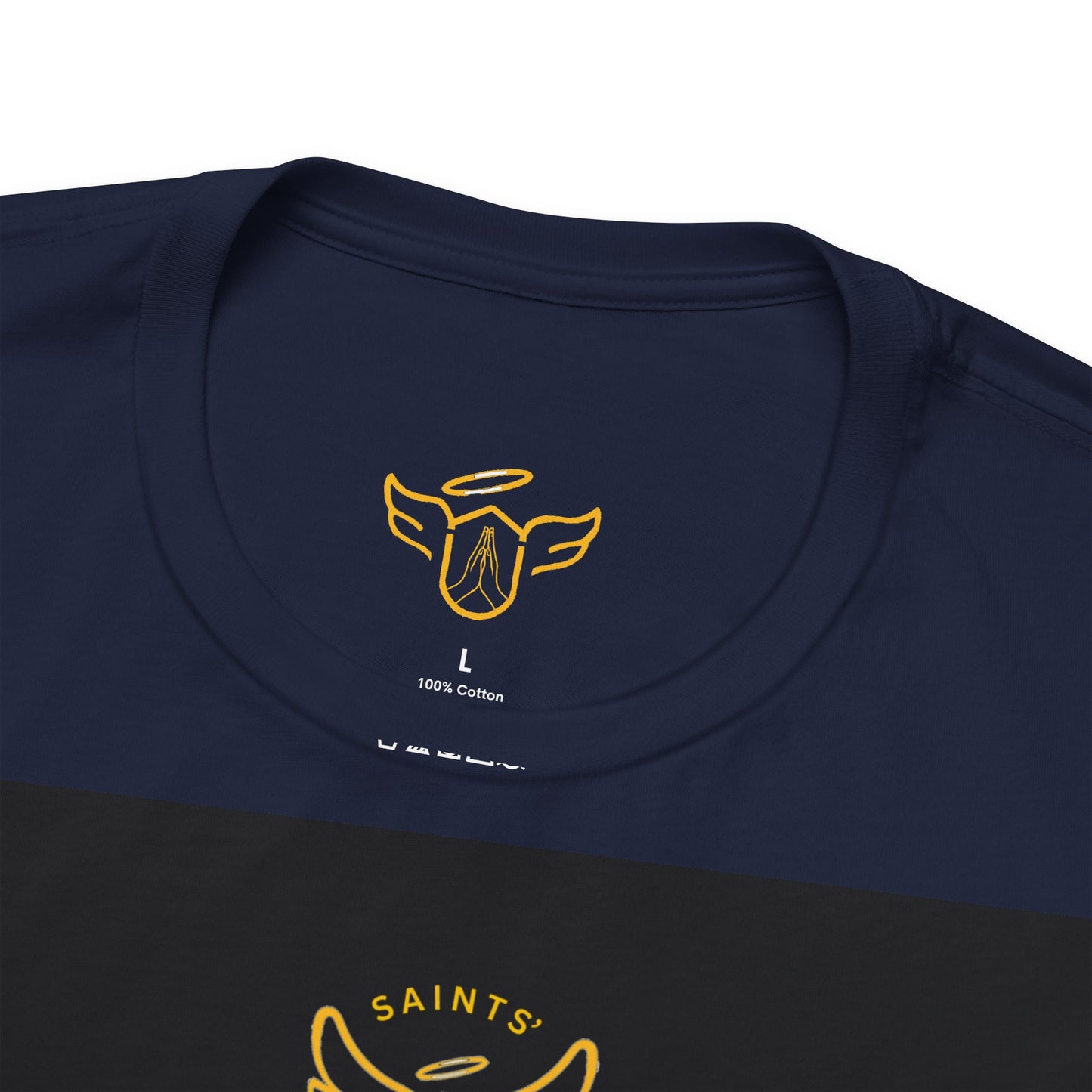 Navy blue t-shirt with yellow logo and text on a white background