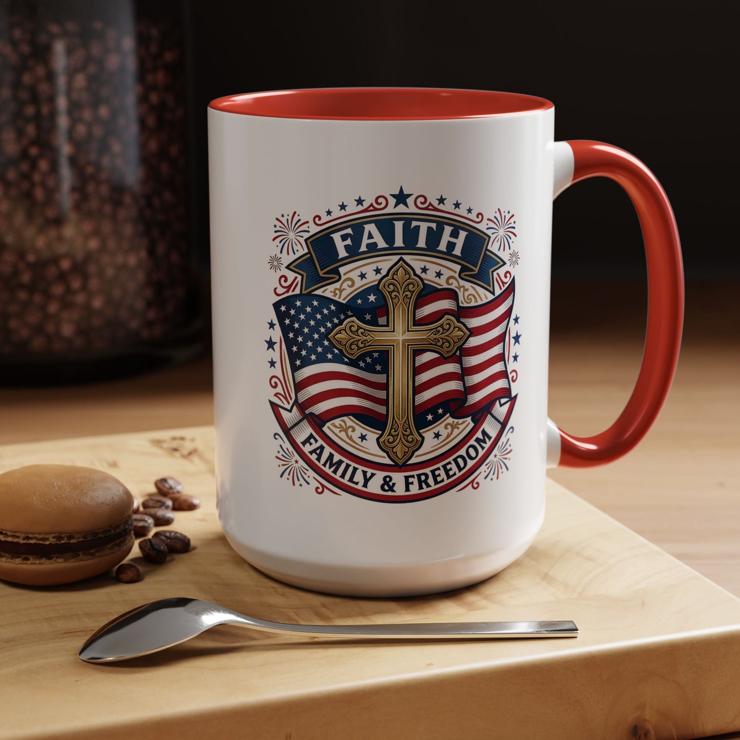 Faith, Family & Freedom Accent Coffee Mug — Patriotic Cross Mug (USA 250th)