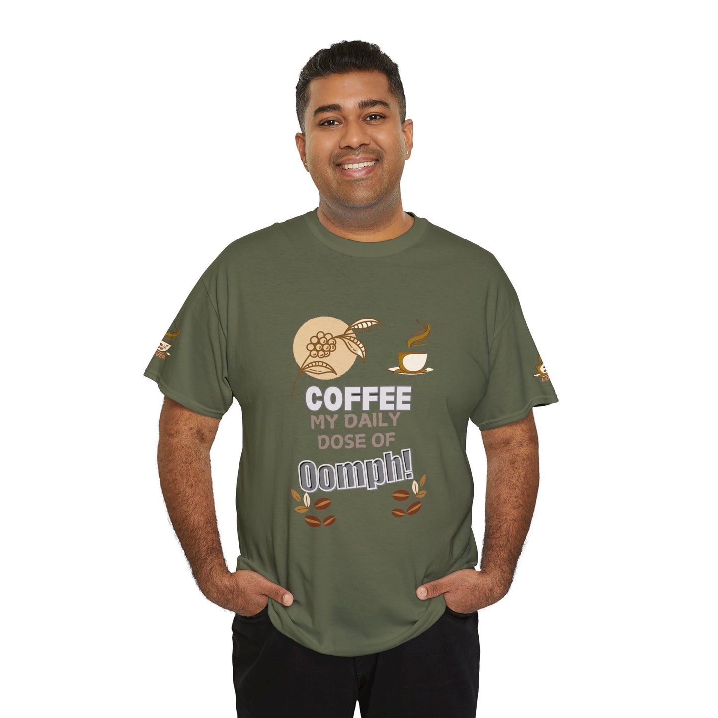 Coffee Lover's Heavy Cotton Unisex T-shirt, Man wearing a green t-shirt with coffee-themed text and graphics on a white background