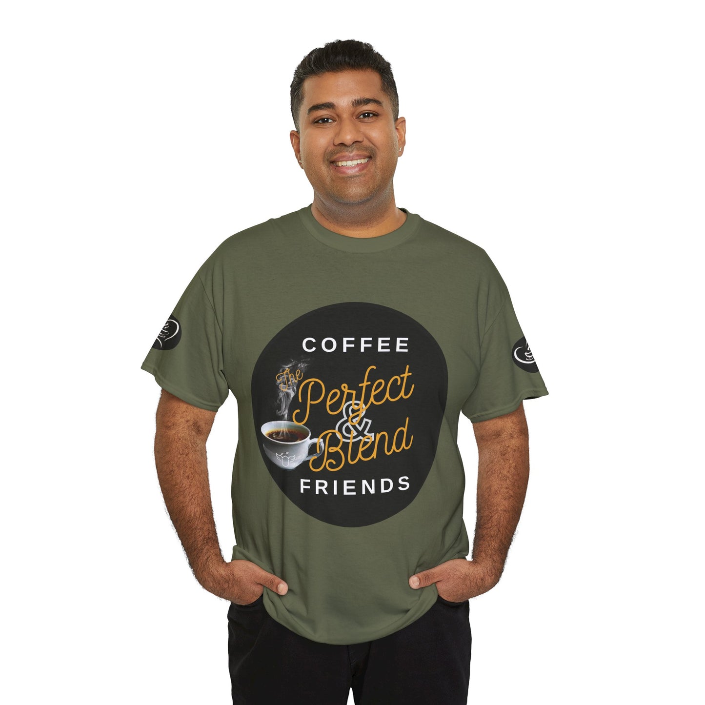 Coffee Lovers Cotton T-shirt, Man wearing a green t-shirt with coffee-themed design on a white background