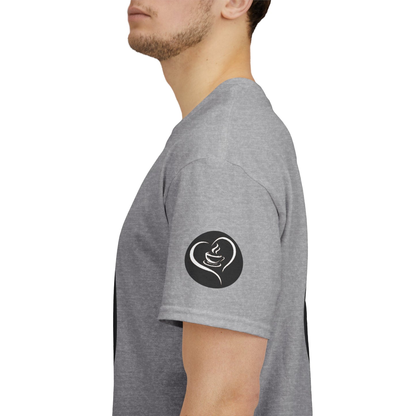 Coffee Lovers Cotton T-shirt, Person wearing a gray t-shirt with a black logo on the sleeve against a white background