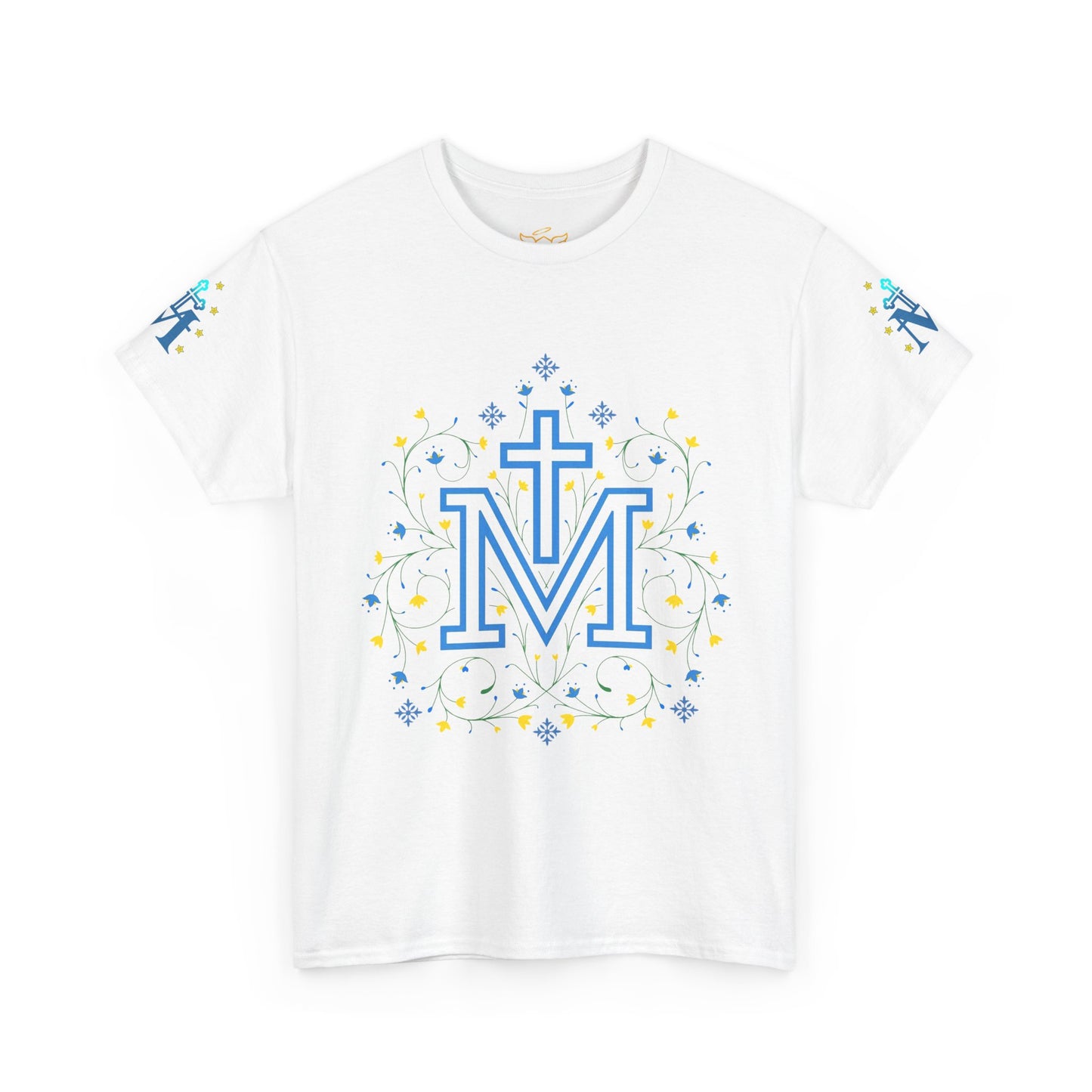 Marian Symbol T-shirt Unisex Heavy Cotton Tee, White t-shirt with blue letter 'Marian symbol' design on a white background
