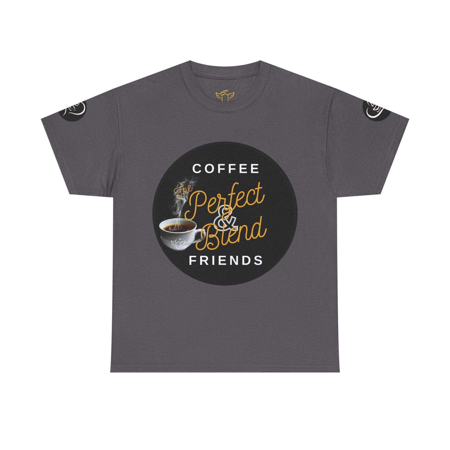Coffee Lovers Cotton T-shirt, Gray t-shirt with coffee-themed graphic and text on a white background