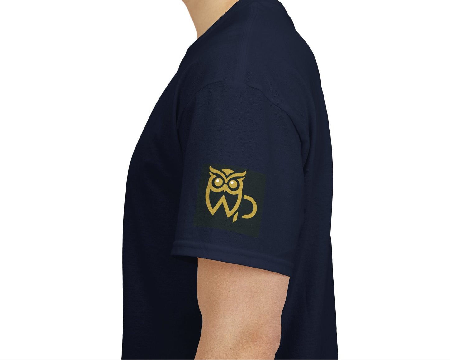 Wise Up Adapt! Motivational T-shirt — 'Wise Up! Stay Sharp!' Graphic Novelty Tee, Navy blue t-shirt with a gold owl logo worn by a person on a white background