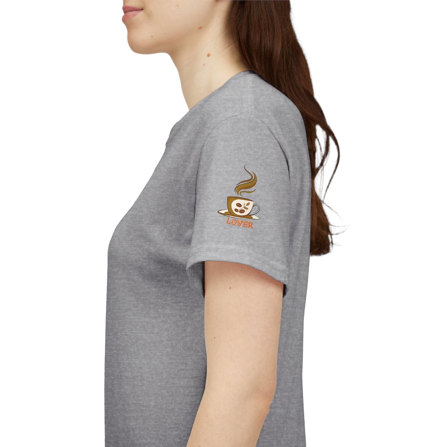 Coffee Lover's Heavy Cotton Unisex T-shirt, Person wearing a gray t-shirt with a logo on the sleeve against a white background