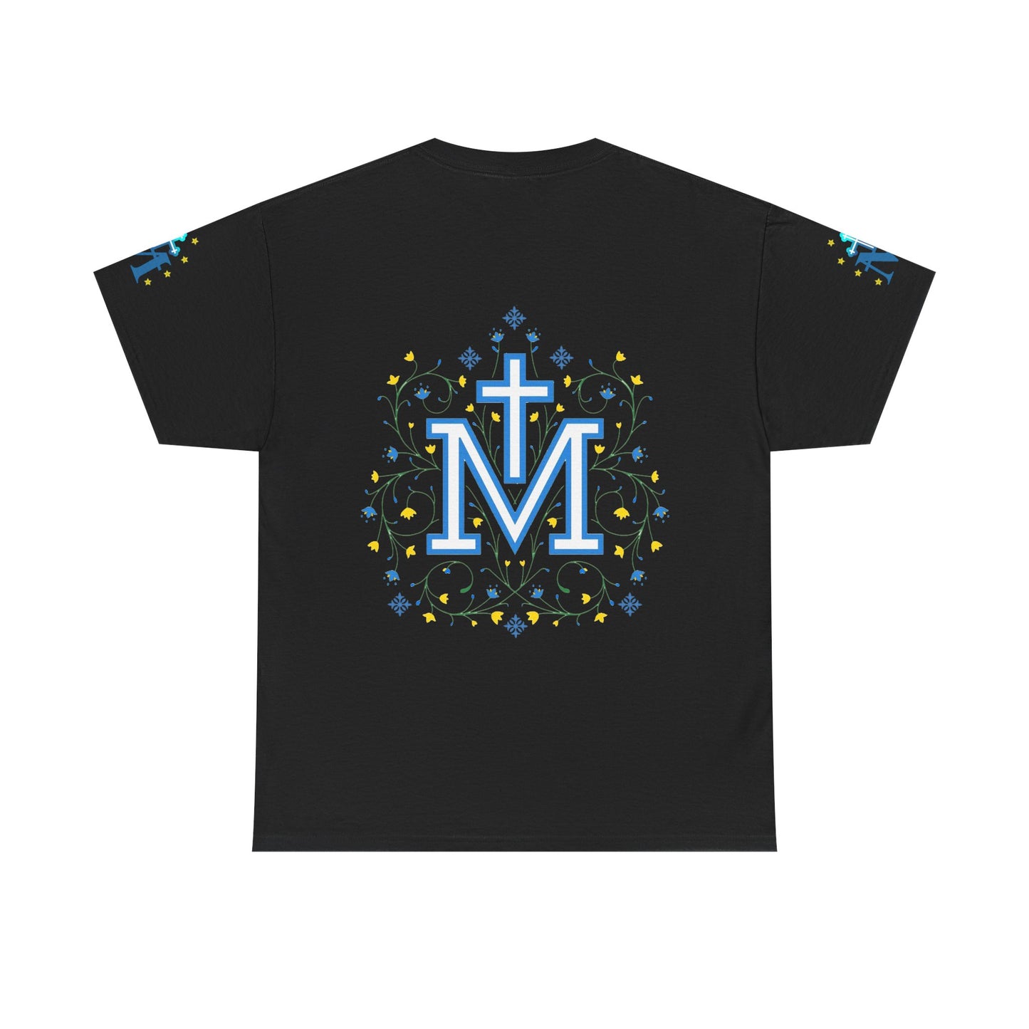 Marian Symbol T-shirt Unisex Heavy Cotton Tee, Black t-shirt with decorative design featuring a cross and 'Marian symbol' on a white background