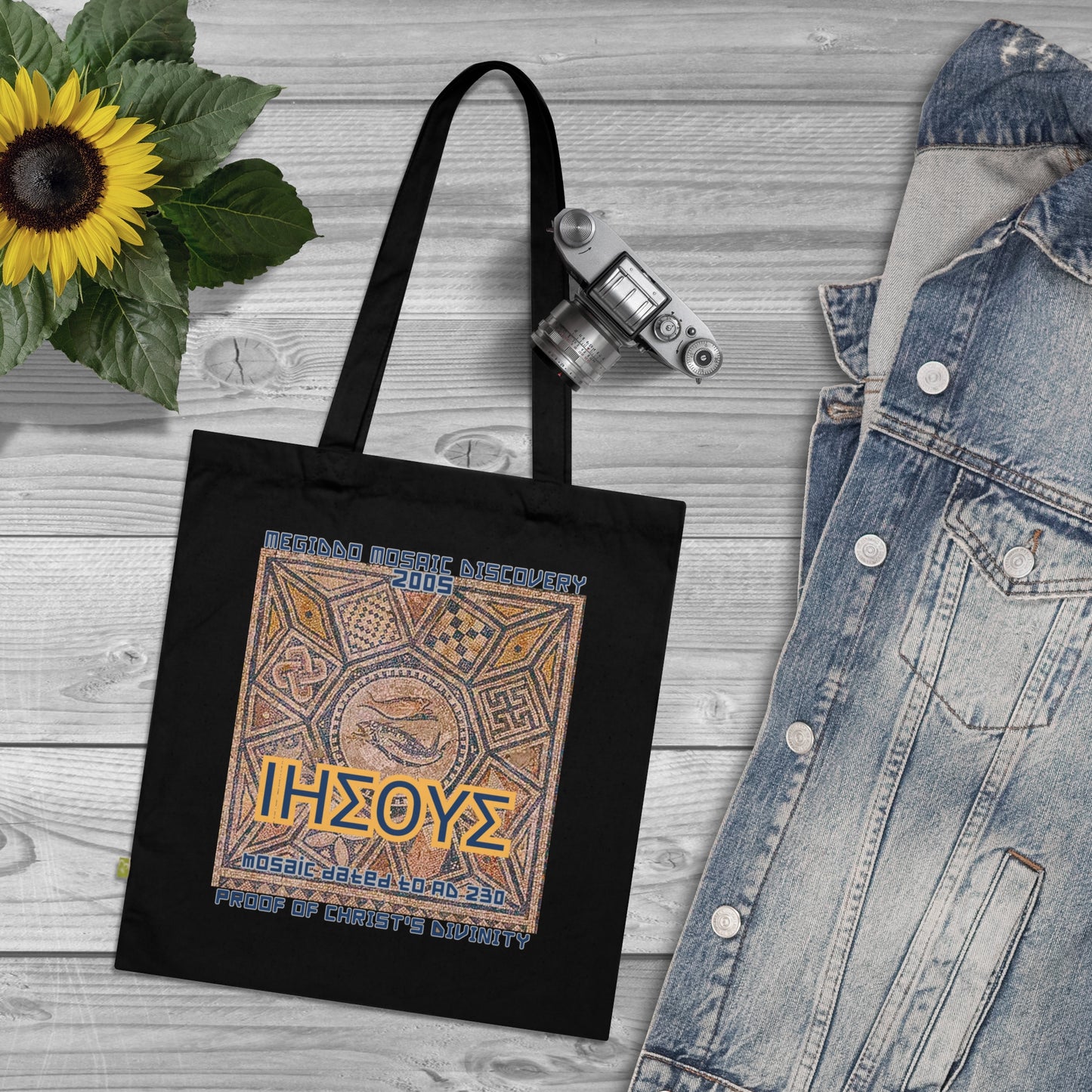 THE MEGIDDO MOSAIC ORGANIC TOTE BAG, ECO-FRIENDLY TOTE BAG. MMD