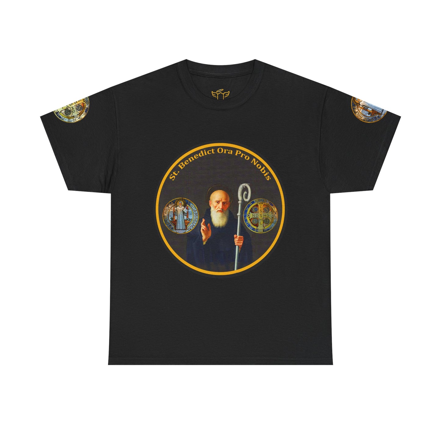 Saint Benedict Medal Unisex T-shirt, Black t-shirt with a graphic of a religious figure and text on a white background