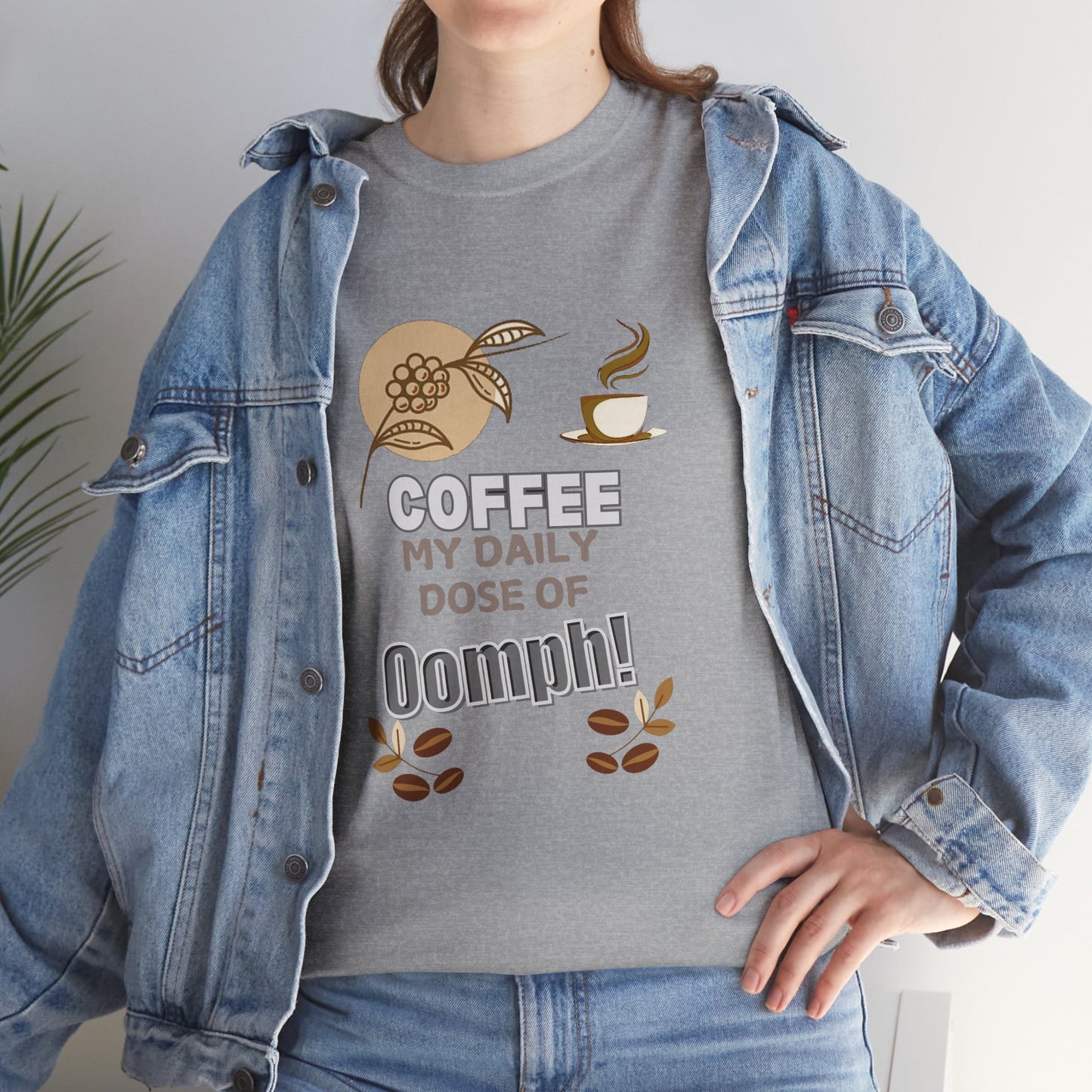 Coffee Lover's Heavy Cotton Unisex T-shirt, Person wearing a gray t-shirt with coffee-themed design and denim jacket.