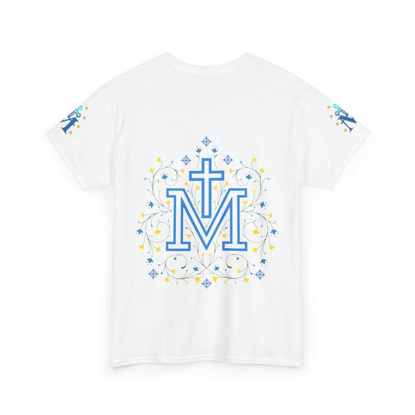 Marian Symbol T-shirt Unisex Heavy Cotton Tee, White t-shirt with blue letter 'Marian symbol' design on a white background