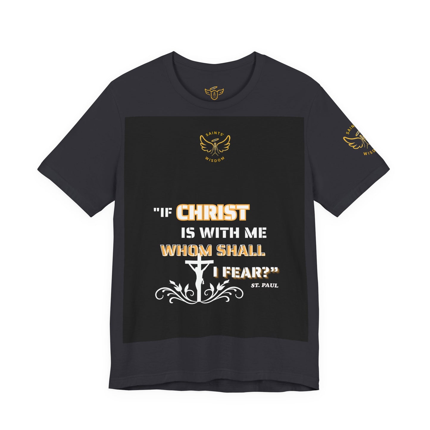 Saint Paul's Quote Tee, Black t-shirt with gold and white text and design on a white background