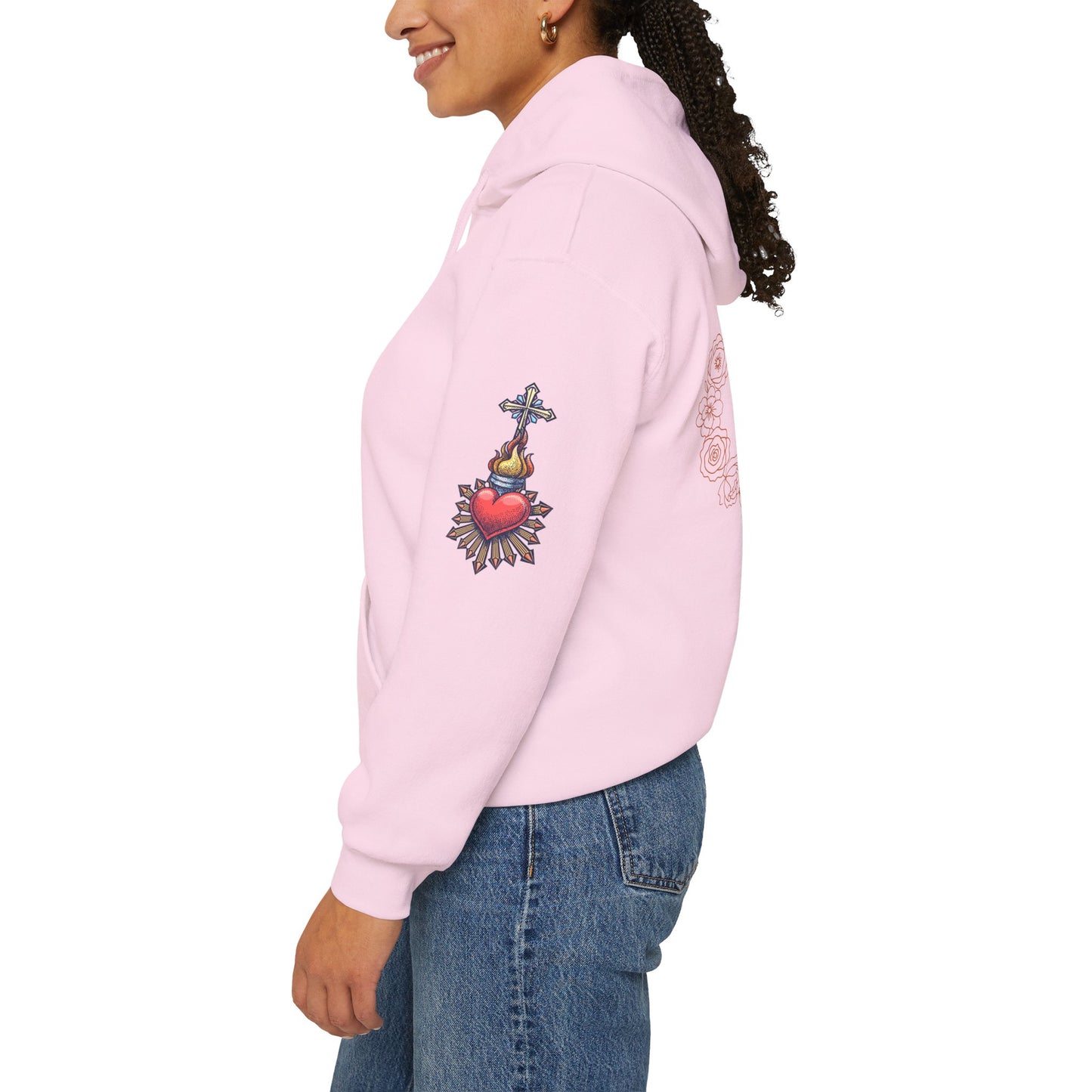 Sacred Hearts Hoodie — Three Flaming Hearts J.M.J. Devotional Sweatshirt (CT)