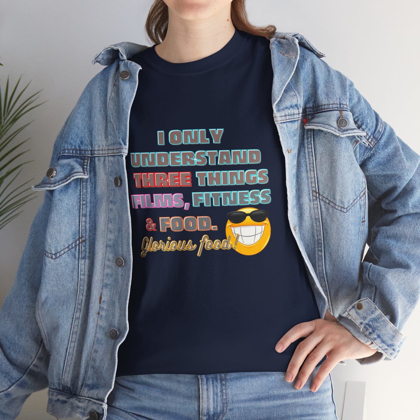Gym fitness body building t-shirt, Funny Fitness Quotes Cotton T-shirt, Person wearing a navy blue t-shirt with text and a smiley face graphic, paired with a denim jacket.