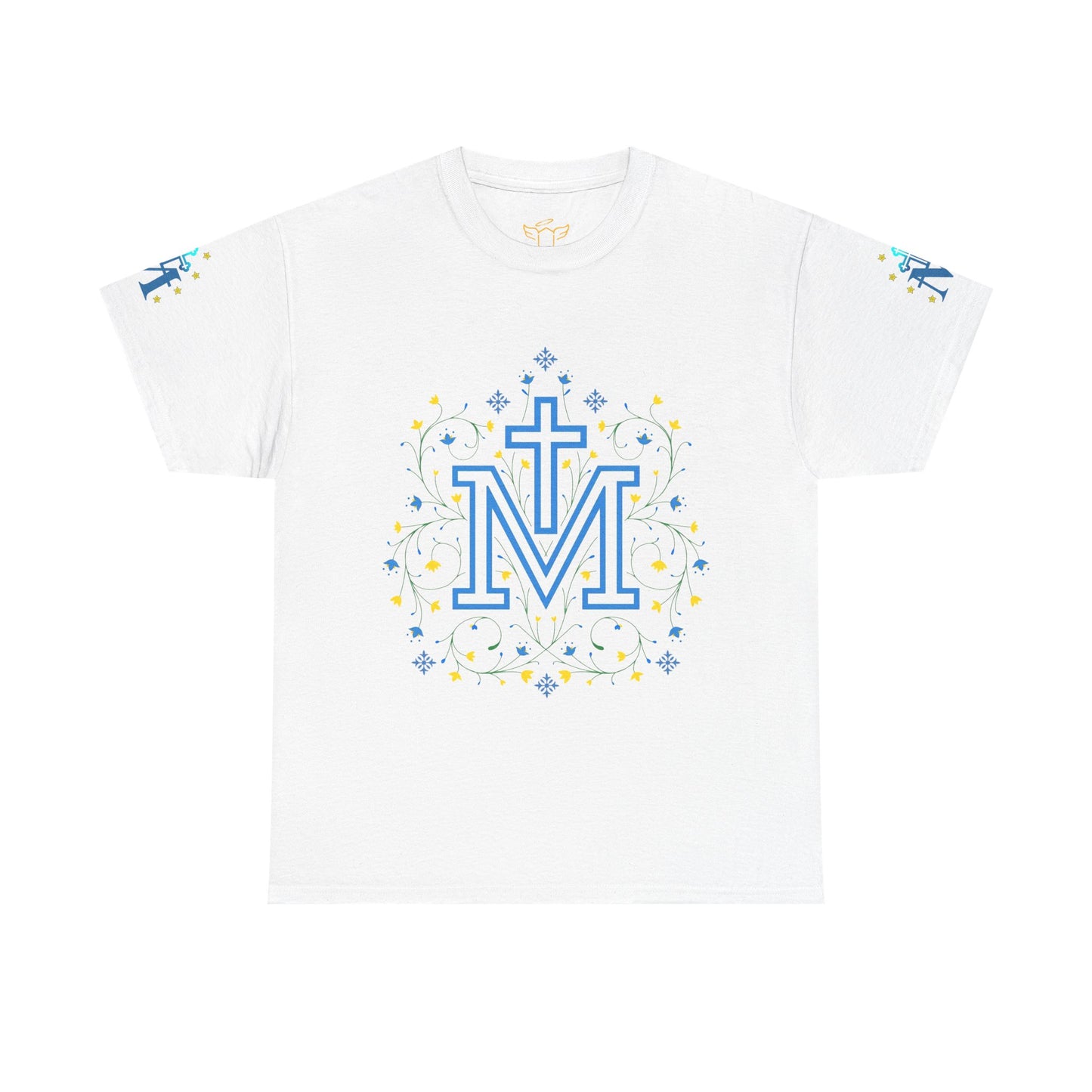 Marian Symbol T-shirt Unisex Heavy Cotton Tee, Black t-shirt with decorative 'Marian' logo on a white background