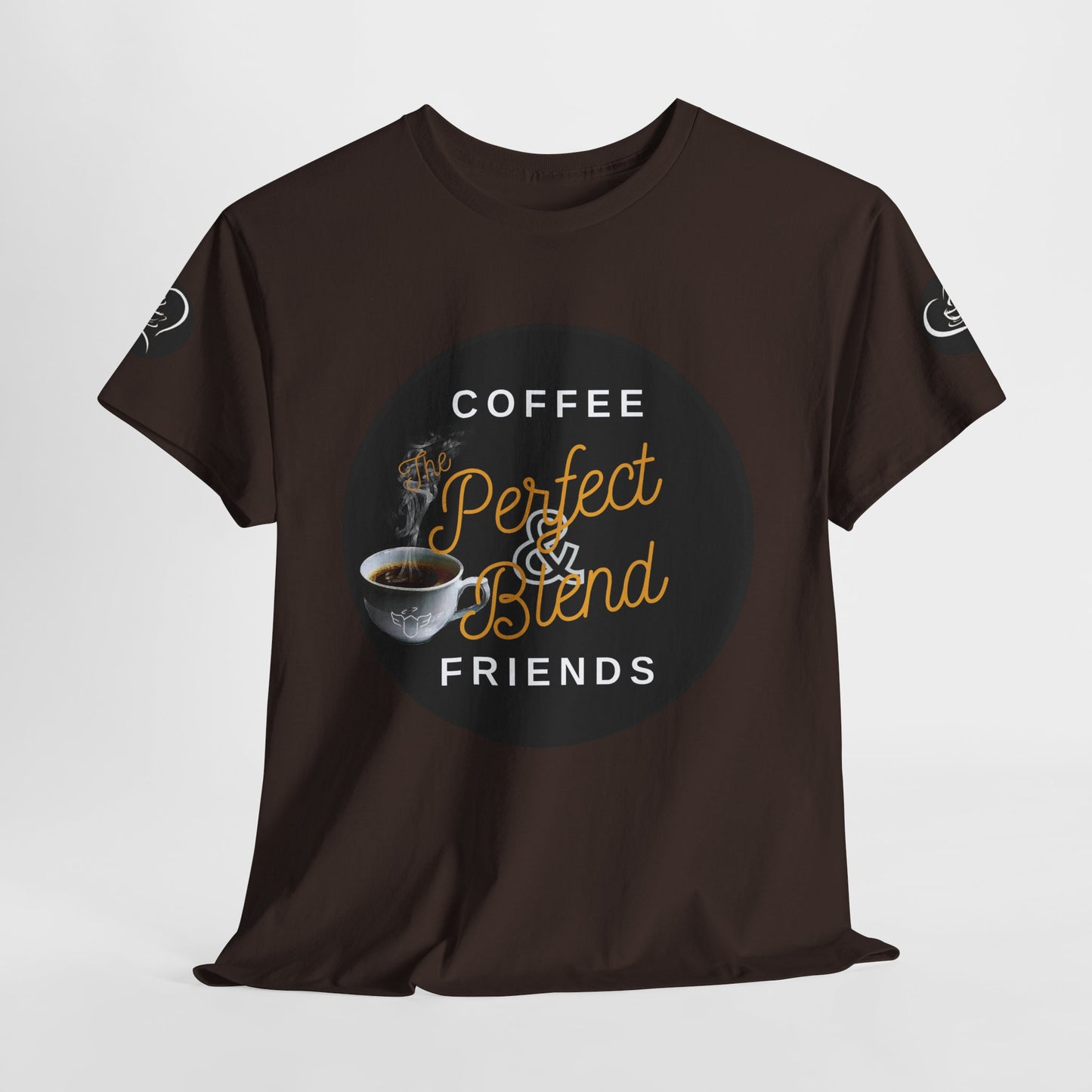 Coffee Lovers Cotton T-shirt, Brown t-shirt with coffee-themed graphic and text on a white background