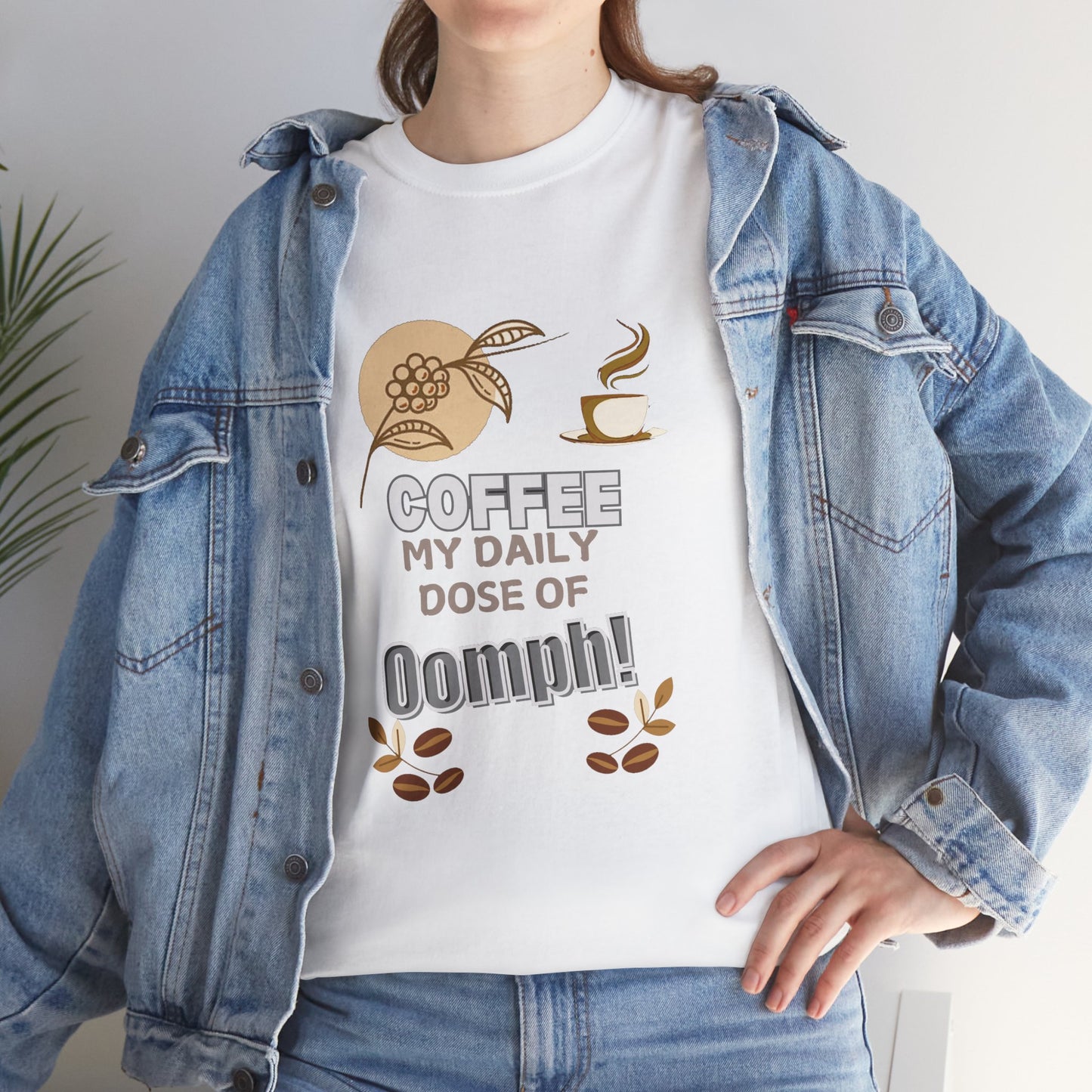 Coffee Lover's Heavy Cotton Unisex T-shirt, Person wearing a white t-shirt with coffee-themed design and denim jacket.