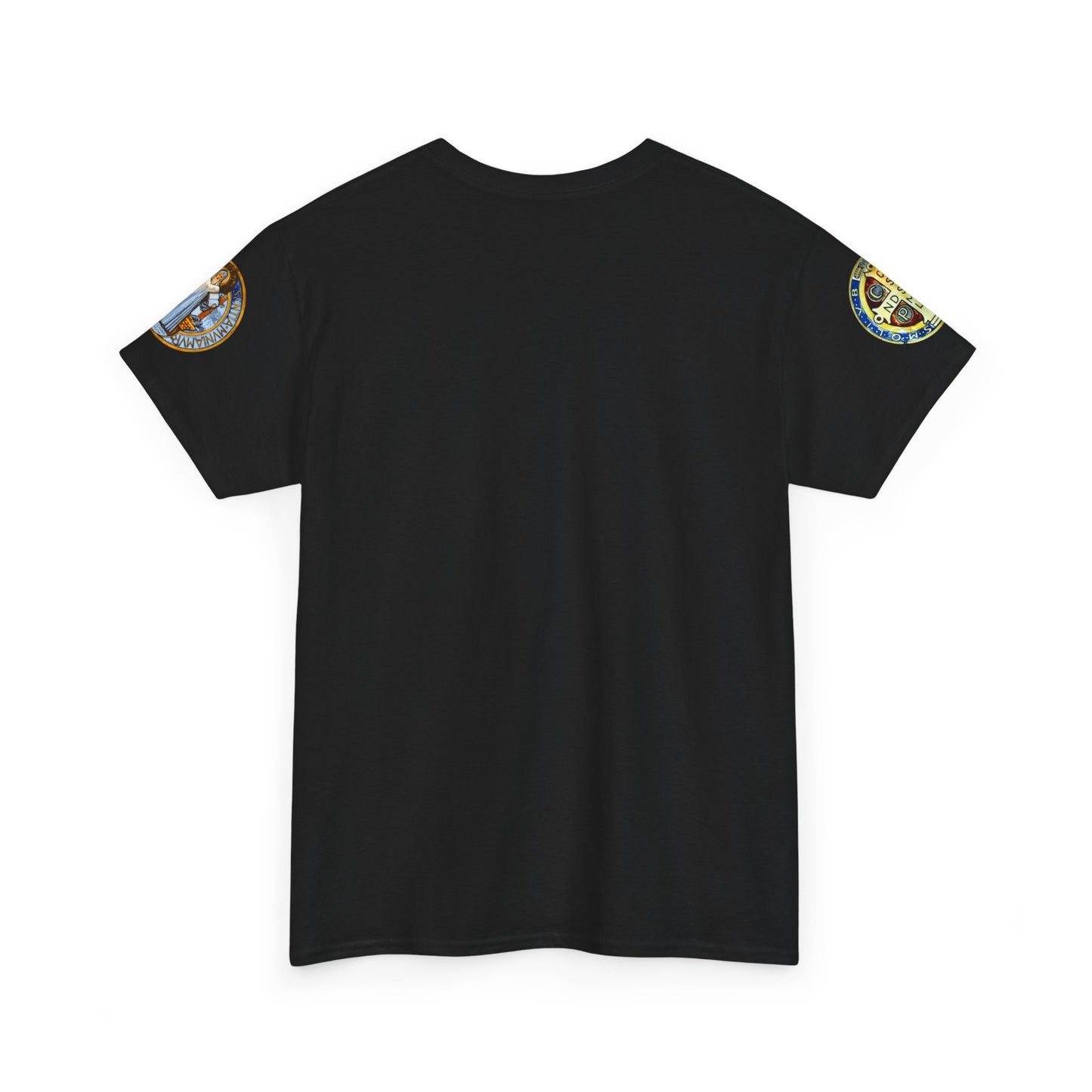 Saint Benedict Medal Unisex T-shirt, Black t-shirt with shoulder patches on a white background